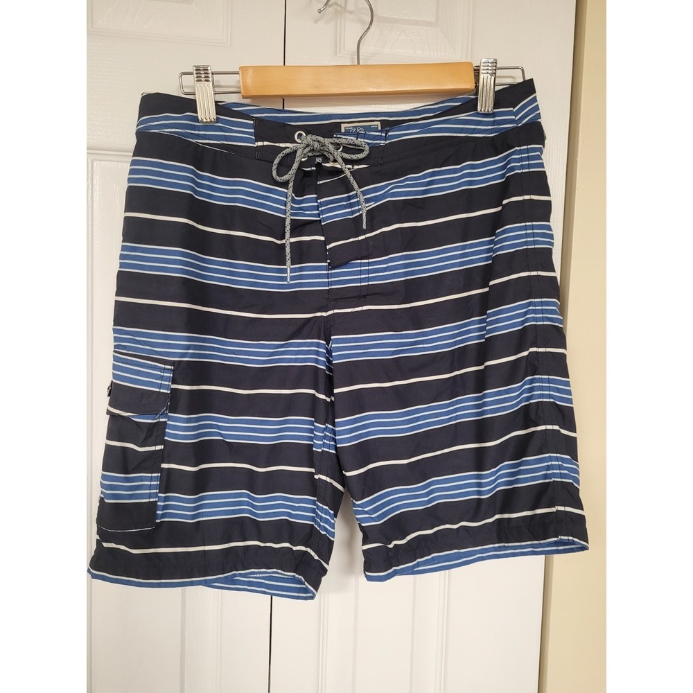 J CREW Mens‎ Striped Long Board Shorts Swim Trunks Blue/White Mesh Lined Size 31